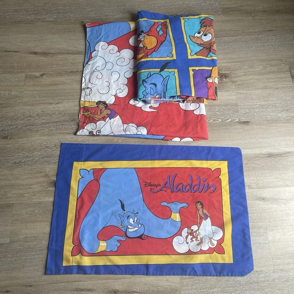 Vintage Aladdin Disney 3 Piece Twin Size Bed Set Fitted Flat Pillowcase 90's